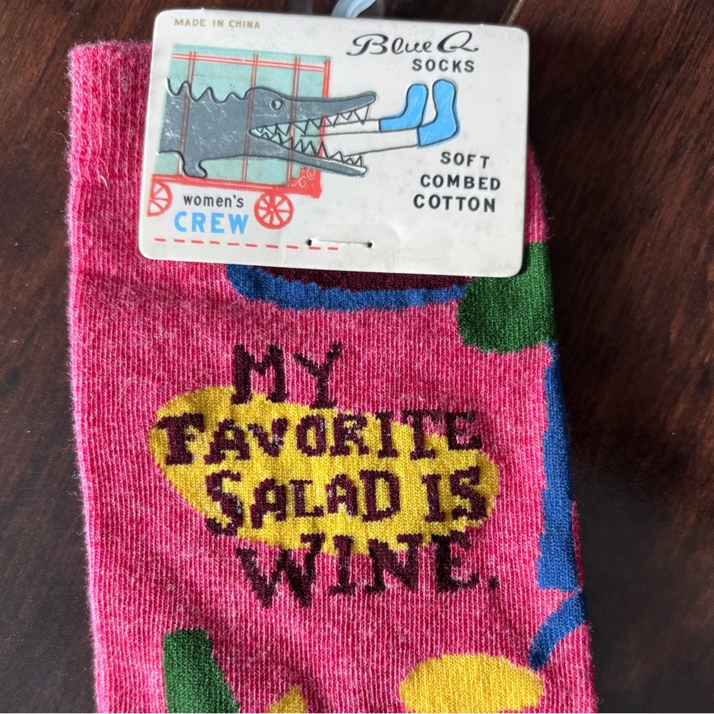 Blue Q Pink Socks with Wine Quote “My Favorite Salad is Wine”